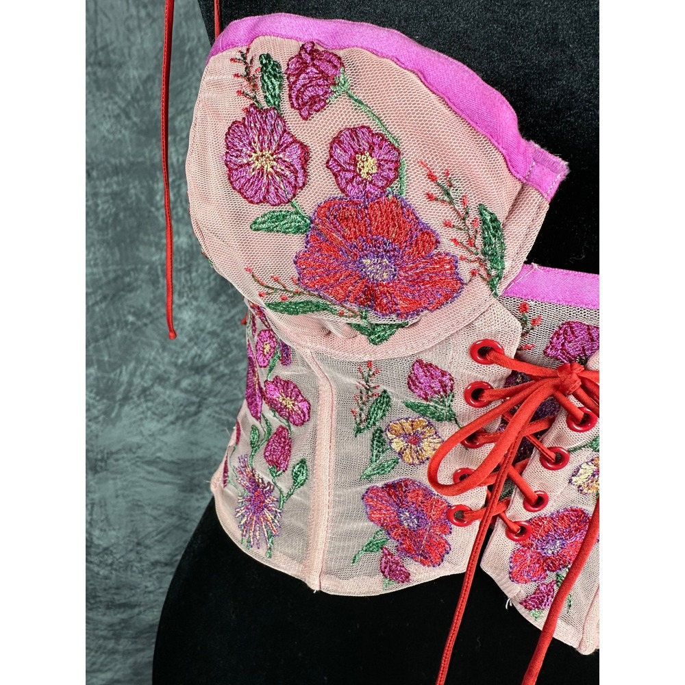 For Love & Lemons Kaylee Crop Bustier Corset Women Small Pink Floral Embroidered - Picture 2 of 9
